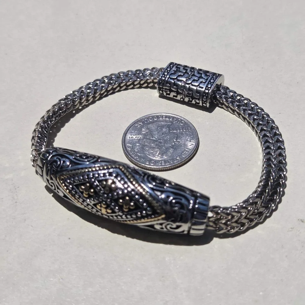Stainless Steel Wheat Chain Bracelet 8.5 Inch Silver Gold Tone Ornate Magnetic
